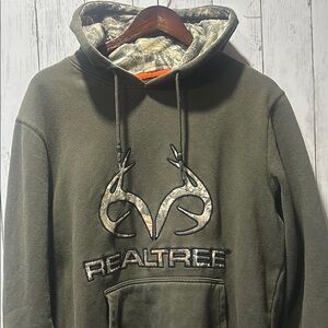 Realtree Camo Logo Embroidered Hoodie Army Green Lined Hood Men’s Medium